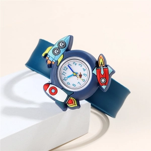 Kids quartz watch with dark blue silicone strap and colorful rotating rocket dial design
