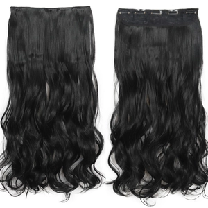 Black 55cm long wavy hair extensions with 5 clips shown in front and back view