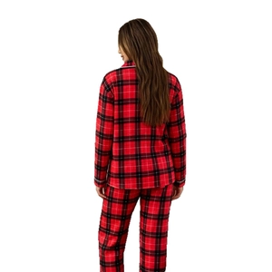 Back view of classic red and black tartan plaid flannel pajamas set for women