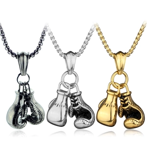 Punk style boxing glove pendant necklaces in gold, silver and black metal finishes
