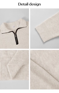 Detail of half-zip knit sweater in apricot with black trim and ribbed cuffs