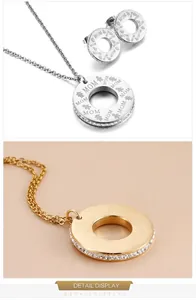 Detail of MOM letter engraving on circle pendant and earrings with zircon inlay
