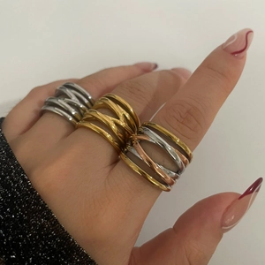 Intertwined Multi Layer Wide Band Ring Stainless Steel Hollow Geometric Waterproof 18K Gold Plated French Design Women