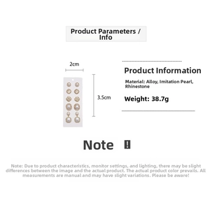 Detailed size chart for vintage gold earring set with pearls and rhinestones