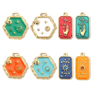 Stainless Steel Tarot Sun Star Pendants Enamel Rhinestone Geometric Hexagon Rectangle DIY Jewelry Making French Retro