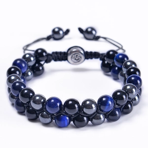 Detail of double-layer hand-woven bracelet with blue tiger eye and obsidian beads