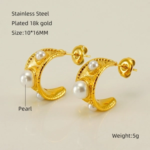 Détails des boucles d'oreilles C en acier inoxydable plaqué or 18k avec perles 10x16mm