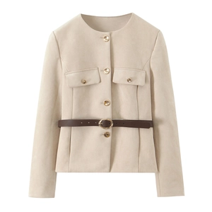 Women's beige suede jacket with gold buttons and dark brown leather belt in front view
