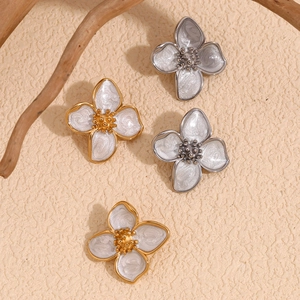 White enamel flower earrings with 18K gold and silver plating on stainless steel