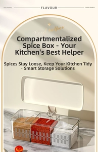 Three-grid transparent seasoning box with white lid for organized kitchen storage