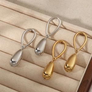 Polished stainless steel long water drop pendant earrings in gold and silver finishes
