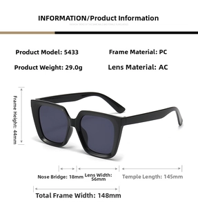 Detailed specs of model 5433 black square sunglasses with PC frame and AC lenses