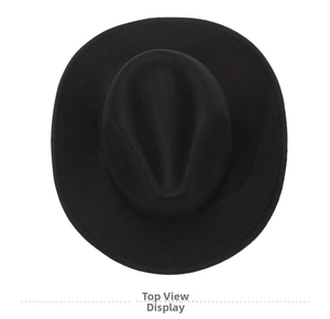 Top down view of black felt fedora hat with classic indented crown and flat wide brim