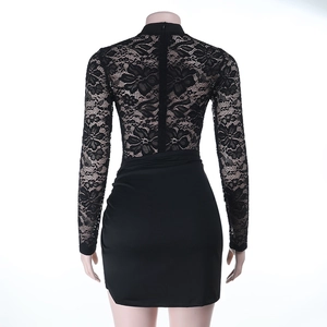 Detailed back view of black lace bodycon dress showing zipper and textured mesh fabric