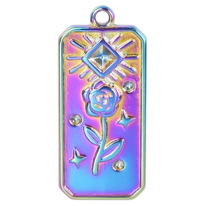 Rainbow stainless steel rose pendant necklace with celestial embossing on white background