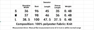 Size chart for button knit sweater with dimensions for S, M, and L in 100% polyester
