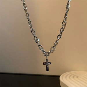Double-layer silver titanium steel cross pendant necklace with clear cubic zirconia stones