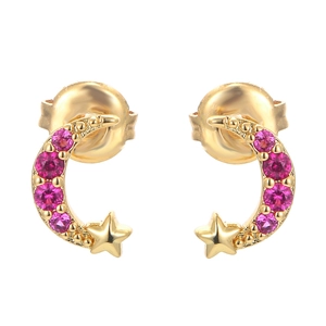 Golden moon and star stud earrings featuring pink crystal inlay and polished finish