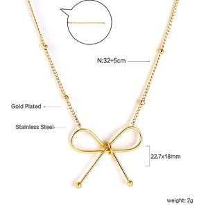 Detailed specs of gold plated stainless steel bow necklace with 22.7x18mm pendant