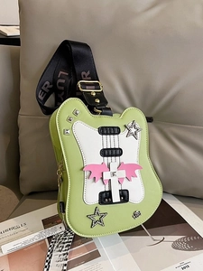 Guitar Shaped Women Crossbody Bag PU Leather Punk Gothic Style Star Wing Decor Creative Wide Strap Shoulder Bag