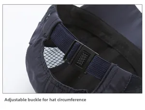 Detail of adjustable elastic buckle on navy mesh sports cap for custom fit