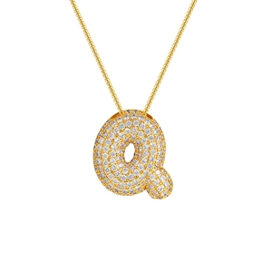 Detailed view of 18K gold plated necklace featuring a large zircon-studded letter Q pendant