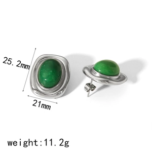 Detail view of silver oval green stone earrings with size 25.2mm x 21mm and weight 11.2g