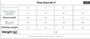 Size chart for glossy layered decorative shirt with measurements for XS S M L in centimeters