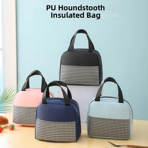 Cylindrical insulated lunch bags in four colors with houndstooth pattern and PU leather