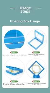 Four-step guide for using blue 3D floating jewelry box with PE film and round base