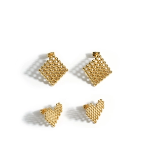 Golden minimalist earrings featuring woven beaded square and heart shapes on white background