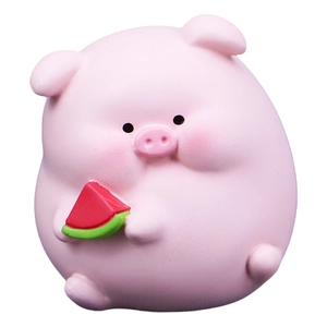 Cute pink pig resin ornament holding a watermelon for car dashboard and desk decor