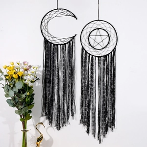 Handmade black moon and star dreamcatcher set with lace tassels for wall decoration