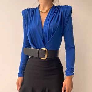 Langarm Bodysuit Damen V-Ausschnitt Raffungen Polyester Eng Sexy Elegant Oberteil Mit Schulterpolstern