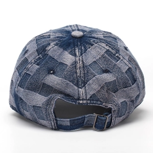 Adjustable denim blue woven baseball cap with metal buckle and checkerboard texture