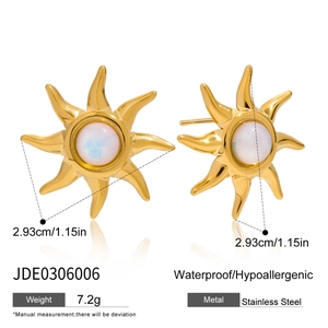 Detail shot of 18K gold stainless steel sun earrings featuring white opal stone inlay