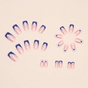 Blue and white French tip press-on nails with heart patterns and square oval shape