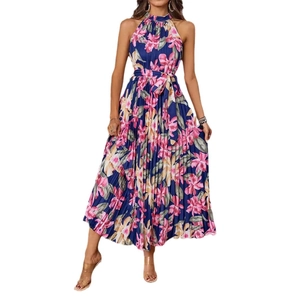Elegant halter neck pleated dress with dark blue and pink floral print and waist belt