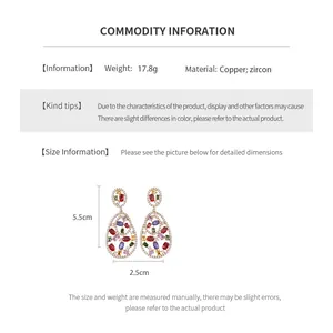 Detailed size chart showing copper zircon earrings dimensions 5.5cm height 2.5cm width