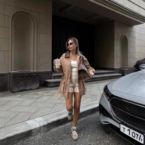 Women Suede Jacket Contrast Leather Lapel Large Pockets Drawstring Waist Utility Style Casual Khaki Outerwear Fashion