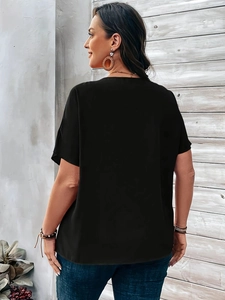 Women's V-neck short sleeve loose black T-shirt shirt with buttons shown from the back
