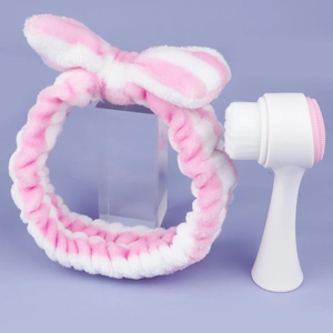 Facial Cleaning Brush And Bowknot Headband Double Sided Silicone Manual Face Scrubber Coral Fleece Hair Band Skin Care