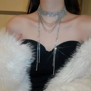 Dettaglio della collana con frange di strass argentati indossata per uno stile di lusso
