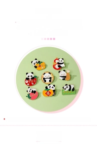 Collection of cartoon panda enamel pins featuring traditional Chinese elements and patterns