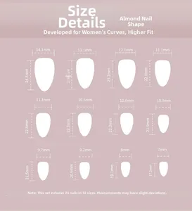 Size chart for almond-shaped pink press-on nails featuring 12 sizes and 24 pieces set