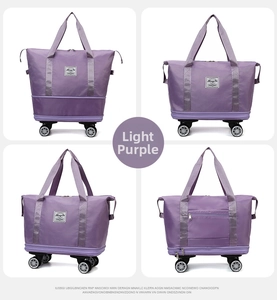 Four-angle view of a lavender expandable travel bag with 360-degree silent spinner wheels