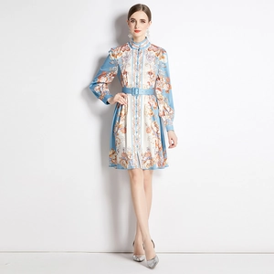Elegant sky blue long-sleeve floral midi dress with stand collar and matching belt