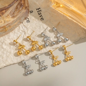 Fashion stainless steel cherry stud earrings with zircon leaves in gold and silver finish
