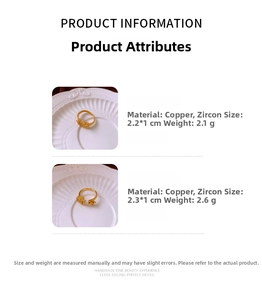 Detail specifications of gold plated flower and cat rings with cubic zirconia dimensions