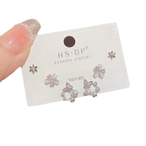 Three-piece earring set featuring flower and butterfly designs with S925 silver posts